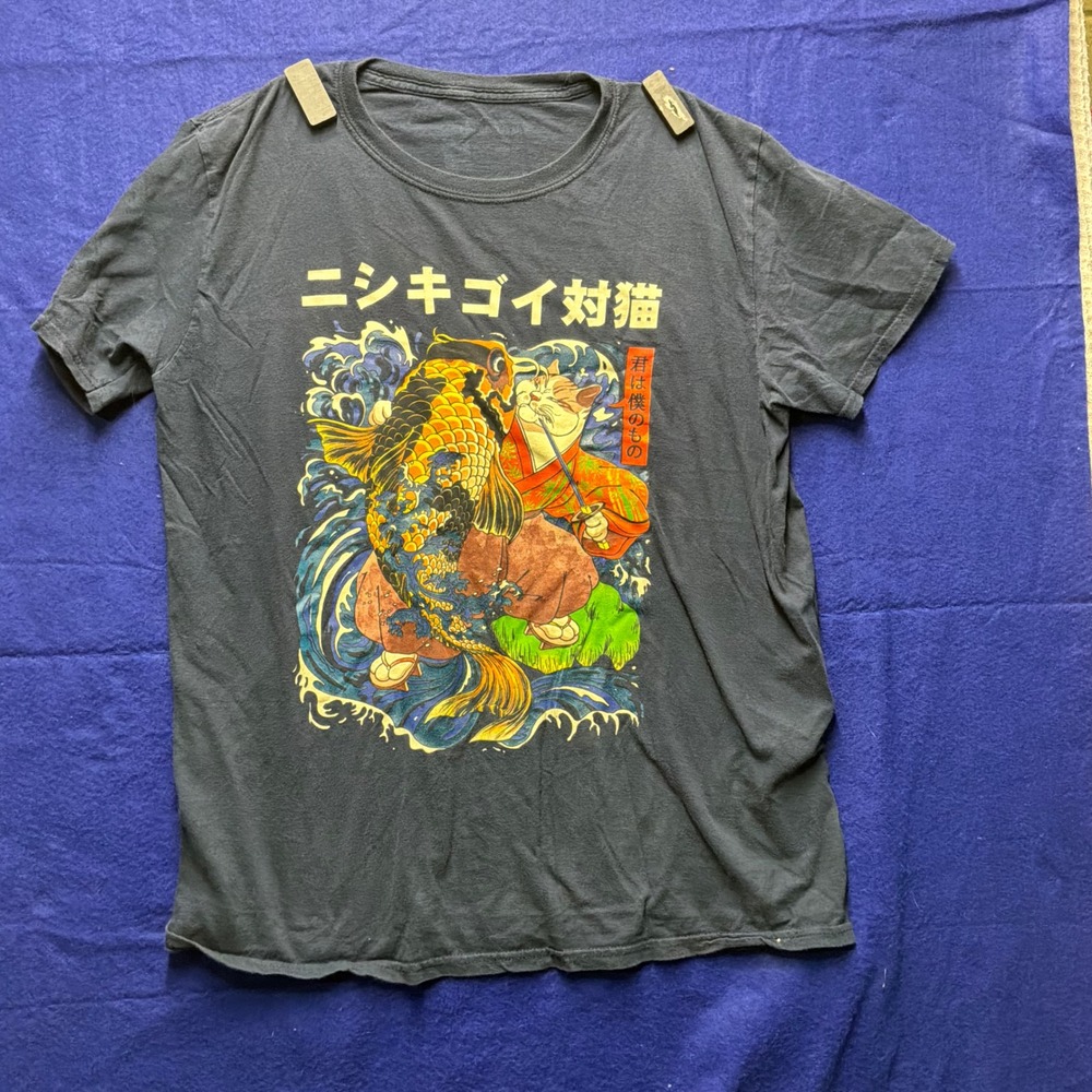 Japanese Art Mens Unbranded Samurai Cat Koi Graphic Tee XL Charcoal Black